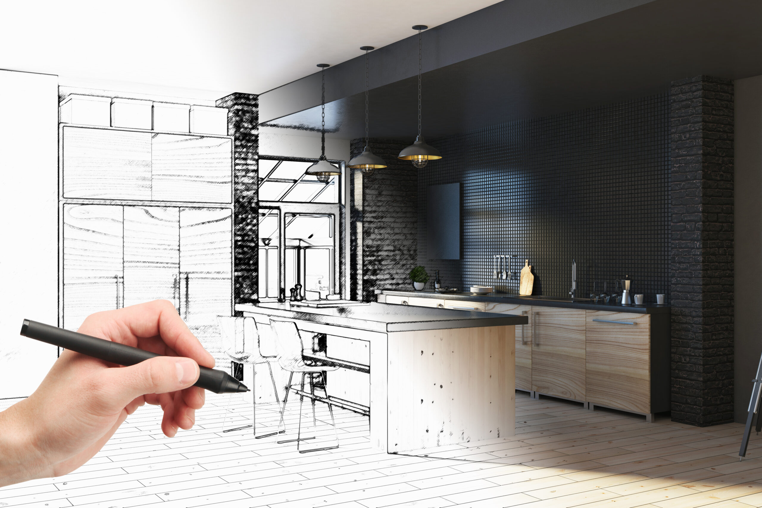 Hand,drawing,unfinished,project,of,modern,kitchen,interior.,engineering,and