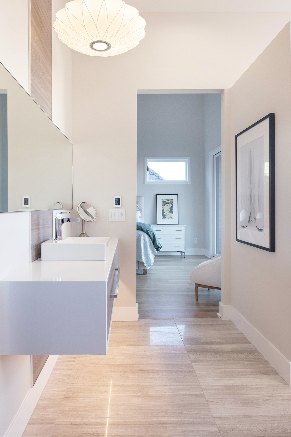 Custom Floating Vanity Custom floating bathroom vanity with integrated storage and charging station