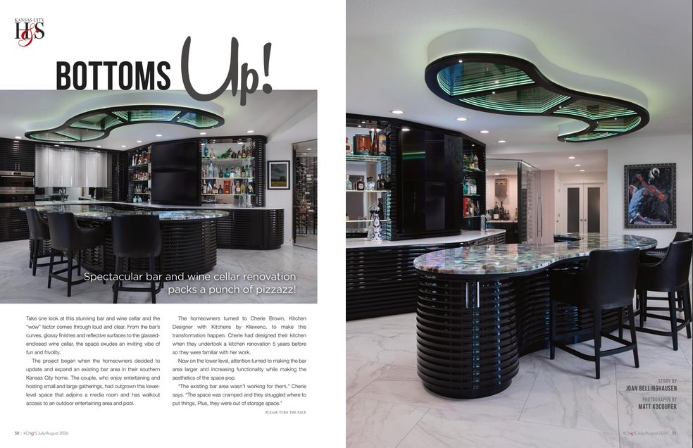 Kansas City Homes & Style July/August 2026 magazine feature highlighting a custom bar and wine cellar by Kitchens by Kleweno