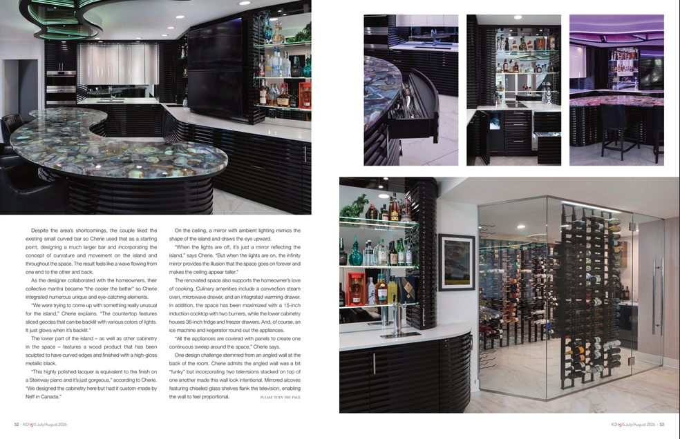 Magazine spread featuring Kitchens by Kleweno's luxury custom bar and wine cellar renovation in Kansas City Homes & Style